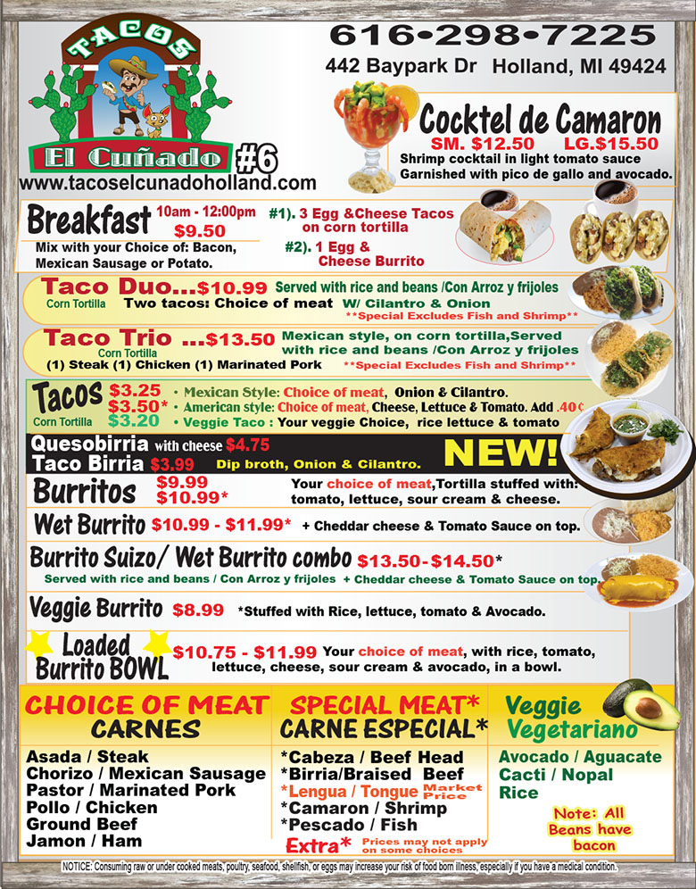 MENU, TACOS EL CUNADO 6, tacos el cunado, authentic mexican food